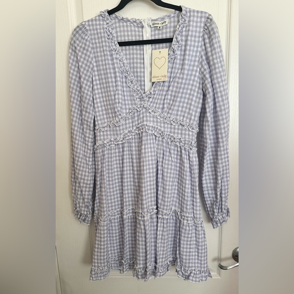 Allison & Kelly Gingham Fit and Flare Dress NWT Lavender Ruffle Trim Long Sleeve - Picture 2 of 3